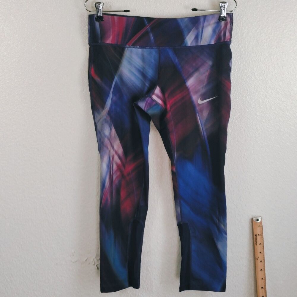 Nike Dri-Fit Running Crop Leggings Womens M Medium Purple Pink Abstract Pockets